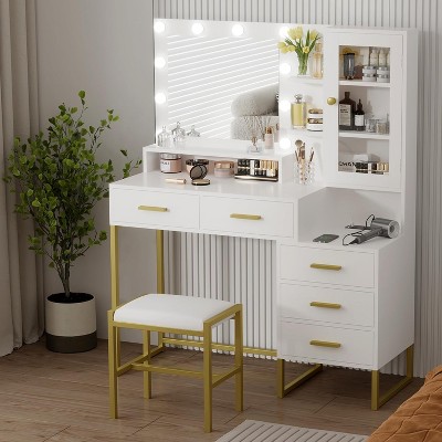 COZONY Makeup Vanity with Upholstered Stool, Vanity Desk with Mirror and Lights, Vanity Table Set with Jewelry Storage, 5 Drawers and Shelves