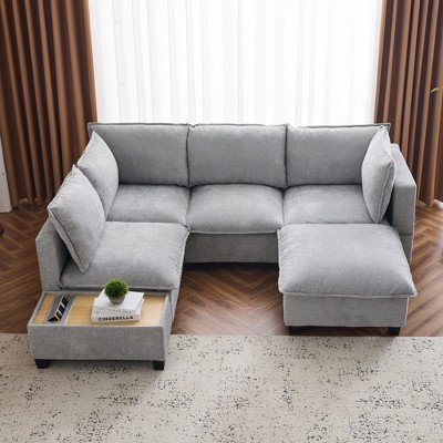90" Chenille Upholstered Modular Sectional Sofa with Movable Ottoman and Coffee Table with Hidden Charging, Free combination