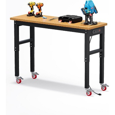 60 Inch Work Bench for Garage, 2200 LBS Capacity Solid Wood Top , Adjust Height Work Table with Power Outlets, for Shop, Home