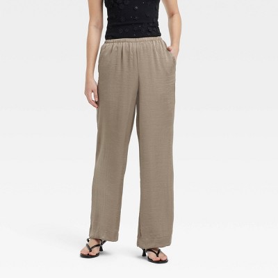 Women's Mid-Rise Straight Leg Crinkle Satin Pull-On Pants - A New Day™