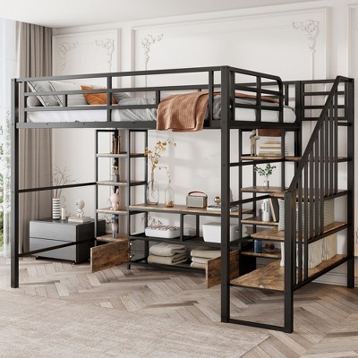 Whisen 91.5''L x56.3''W Full Size Metal Loft Bed with Staircase, Low Storage Table and Storage Shelves