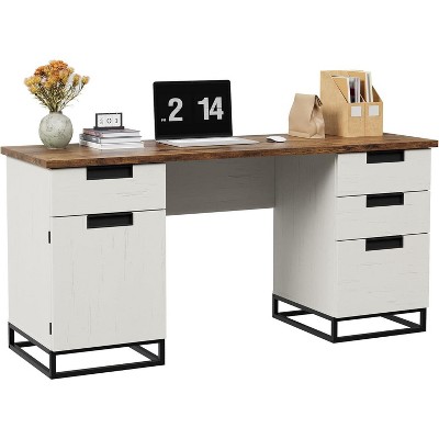 59" Farmhouse Executive Desk, Home Office Desk with File Drawer and Storage Cabinet, Wooden Computer Table with 3 Drawers