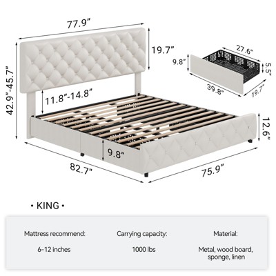 homfan Bed Frame with 4 Storage Drawers, Linen Upholstered Platform Bed Frame