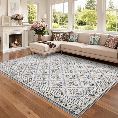 Modern Washable Area Rug, Floral Foldable Area Rug with Non Slip Backing, Low Pile Stain Resistant Soft Carpet for Bedroom Dining Room