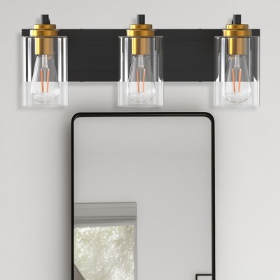 DORESshop 3-Light Matte Black Metal Vanity Light Farmhouse Industrial Wall Sconce with Clear Glass Shade Gold Socket Cups