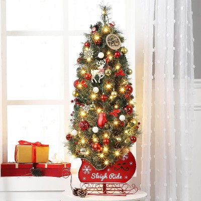 Coucheta 3/4.5ft Pre-Lit Snow Flocked Christmas Tree with 200 Warm White LEDs, 8 Lighting Modes, Sleigh Base, Artificial Xmas Tree for Home