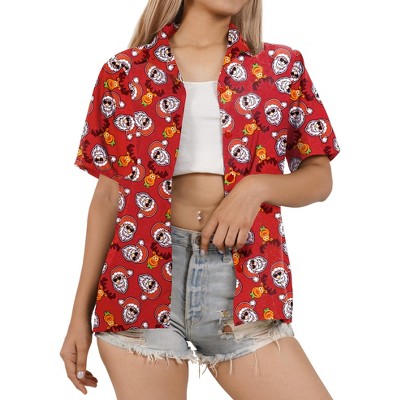LA LEELA Women's Beach Funny Santa Claus Party Button Down Shirt Blouse Tops Shirts Hawaiian Christmas Tree Blouses for Women