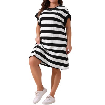 Agnes Orinda Women's Plus Size Striped Printed Short Sleeve Crewneck Midi Casual Tunic Dress