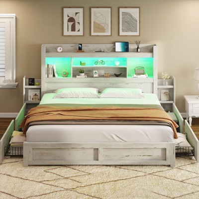 AMERLIFE Bed Frame with Drawers, LED, Bookcase Headboard, Charging, Shelves