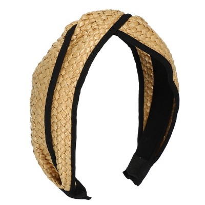 Unique Bargains Women's Fashion Straw Cross Headband Non-Slip Hairband Khaki Black 1 Pc