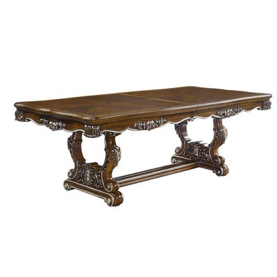 114" Latisha Dining Table Antique Oak Finish - Acme Furniture: Silver Trim, Floral Leg Detail, Resin Base