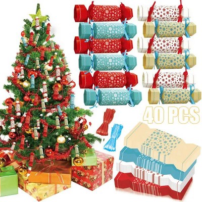 40 Pcs Christmas Gift Boxes with Ribbon 4 Colors Candy Shaped Sweets Goodie Chocolate Treat Box Xmas Gift Snowflake Pattern Xmas Cracker Kit