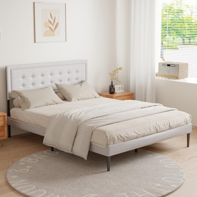 Kumasinova Queen Size Bed Frame with Upholstered Headboard,Platform Queen Bed Frame with Tufted,Requires Box Spring Bed Frame Queen Size,Ivory White