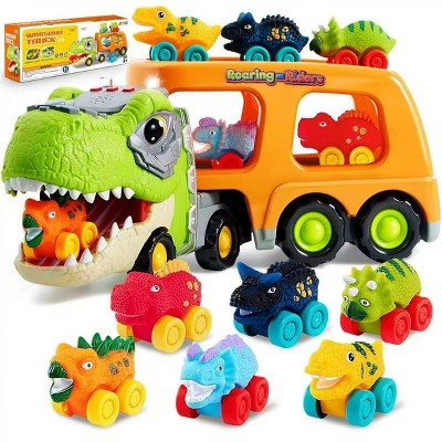 Joyfy Dinosaur Truck Toy with 6 Rubber Car, Music & Lights, Dinosaur Car Carrier Truck Toy, Toddler Halloween Birthday Gift for 2 3 4 5 Year Old Boys