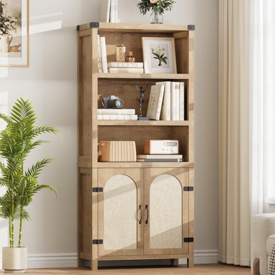 Rustic 3-Shelf Bookshelf with Doors, Wooden Bookcase with Cabinets, 70" Tall Floor-Standing Display Storage Shelves for Bedroom, Living Room