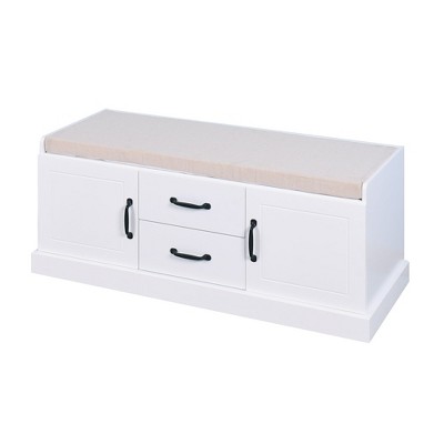 Lirago White Wooden Entryway Shoe Cabinet with 2 Doors and 2 Drawers Removable Cushion 42.52"Dx15.9"Wx17.52"H