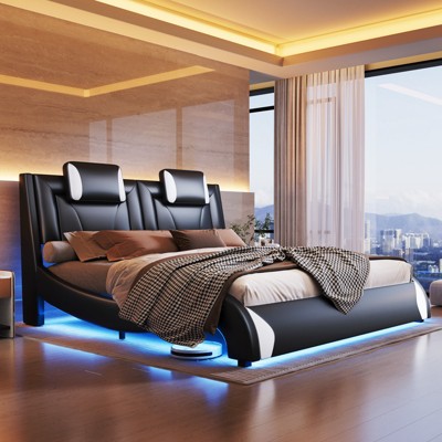 LED Bed Frame, Faux Leather Upholstered Platform Bed