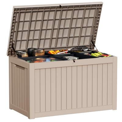 Syemin Deck Box, 230GAL Outdoor Storage Box, Patio Gardening Tools, Water and UV Resistant for Patio, Garden, Lawn, Brown, 56.3"*31.1"*32"