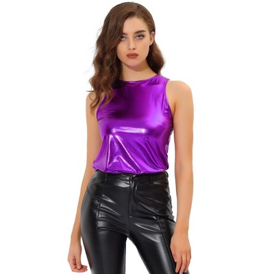 INSPIRE CHIC Women's Party Shiny Sleeveless Keyhole Back Club Metallic Tank Top