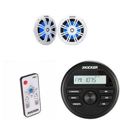 Kicker KMC2 Gauge Mount Marine Grade Receiver & 51KM604WL 6.5"  White LED Speakers w/ 41KMLC Led Remote bundle