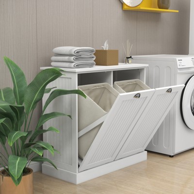 KWPZQEB Double Tilt Out Laundry Hamper Cabinet, 20 Gallon Farmhouse Trash Can Cabinet, Hidden Wood Garbage Can with Laundry Basket for Bathroom