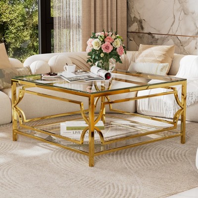 Zeus & Ruta 33.5" Square Glass Coffee Table with Luxe Geometric Metal Frame, Gold Finish & Lower Shelf