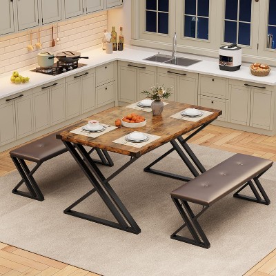 Dining Table with 2 Benches, Kitchen Table Set for 4, 3 Piece Dining Table Set for Apartment, Kitchen, Dining Room, 0.75'' Inch Cusion, Brown