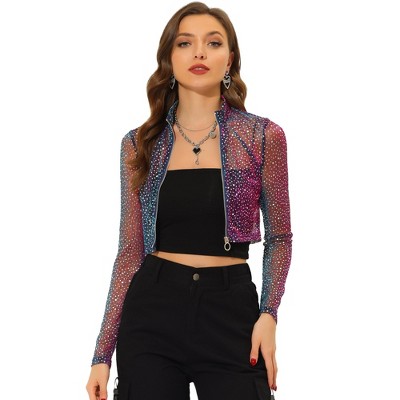 INSPIRE CHIC Women's Sheer Stand Collar Zip Up Shiny Cropped Jacket