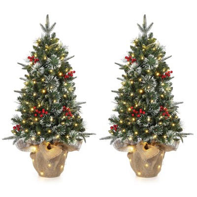 Pre-Lit 3Ft Snow Flocked Artificial Christmas Tree w/ 78 White LED Lights & Lighting Elk Base, 8 Modes Tabletop Mini Tree for Home Decor, 2 Pack