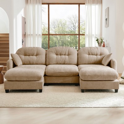 U-Shape Chenille Modular Sectional Sofa with Ottoman & 2 Pillows, High-Density Foam Tufted Back,Bedroom & Reading-Nook Ready
