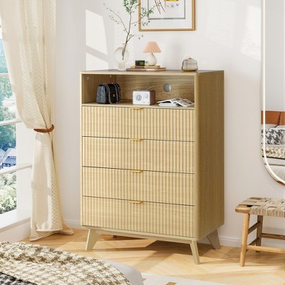 43 Inch Tall Fluted 4-Drawer Chest with Open Shelf, Modern Wooden Storage Cabinet for Bedroom, Living Room, Entryway