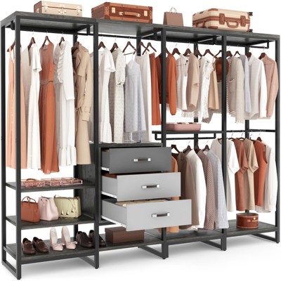 Aheaplus 74'' Closet Organizer with Wood Drawers, Garment Rack with Wood Shelves and Hanging Rods