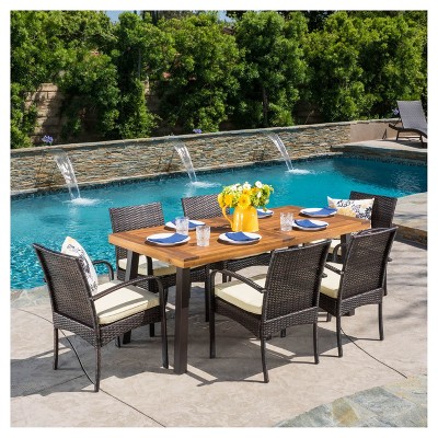 Bavaro 7pc Rectangle All-Weather Wicker and Wood Patio Dining Set - Brown/Cream - Christopher Knight Home: Galvanized Steel, Polyester Cushions