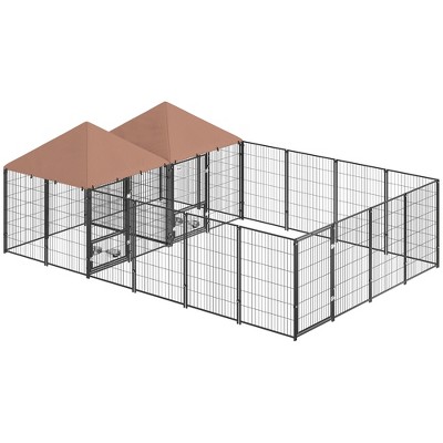 PawHut Dog Kennel Outside, Large Outdoor Dog Kennel with Rotating & Adjustable Height Bowls for Large Dogs