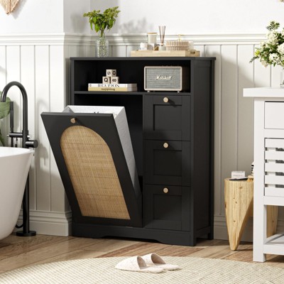 Rattan Storage Cabinet, Tilt Out 10 Gallon Garbage Can Cabinet, Dog Proof Trash Bin