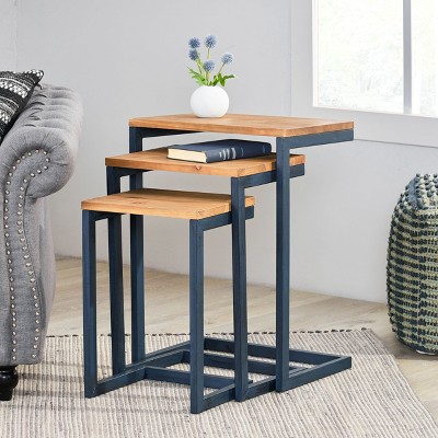 GDFStudio Cassie Modern Industrial Fir Wood C Shaped Nesting Side Table (Set of 3), Antique Brown