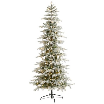 Nearly Natural 7.5-ft Slim Flocked Nova Scotia Spruce Artificial Christmas Tree with 450 Warm White LED Lights and 909 Bendable Branches