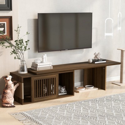 78" Mid-Century Modern Pet-Friendly TV Stand for Cats, Entertainment Unit with Extendable Top, Sliding Shutter Door, Scratch Pad & Free Cushion