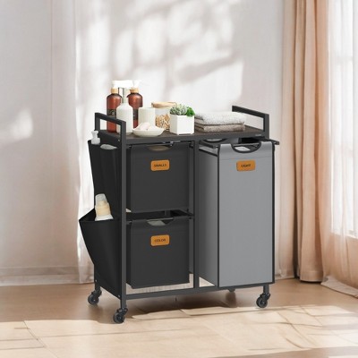 Laundry Hamper 26.4 Gal(100 L) 3-Compartment Laundry Sorter with Rolling Feature, Shelves and 6 Labels