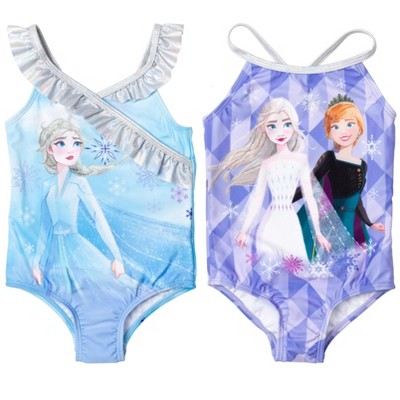 Disney Frozen Elsa Anna Big Girls 2 Pack One-Piece Bathing Suits Blue/Purple 8
