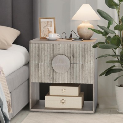 Fluted Night Stand with Charging Station, 2 Drawers & Open Shelf, 22.6" Wide Wood Bedside Table, Sofa End Table for Bedroom, Grey