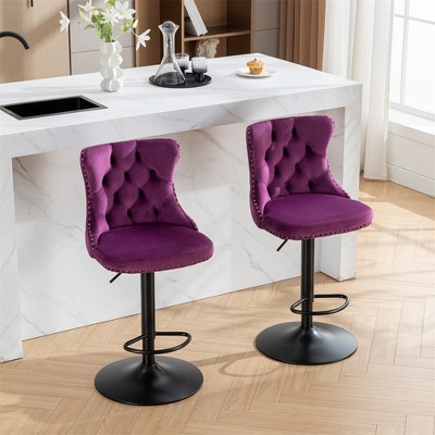 Modern Bar Stools Set of 2, Upholstered 360° Swivel Bar Chairs, 25"-33" Adjustable Height Stool with 17.7inch Base for Kitchen Island Home Bar