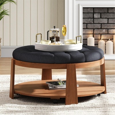 NicBex 36" Linen Upholstered 2-In-1 Ottoman Coffee Table for Living Room,2-Tier Oversized Button Tufted Ottoman with Rubber Wood Base for Kids
