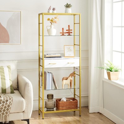 Hachikiko 5-Tier Bookshelf with Charging Station & Drawer - Gold Metal Frame, Tempered Glass Shelves, Easy Assembly, (23.6"L x 11.8"W x 63"H)