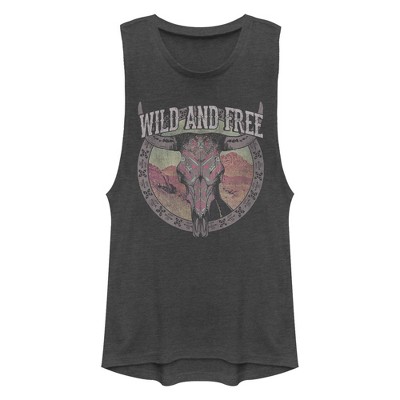 Junior's Lost Gods Wild and Free Tribal Skull  Festival Muscle Tee - Charcoal - Medium