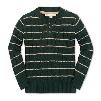 Hope & Henry Boys' Organic Long Sleeve Cable Henley Pullover Sweater with Elbow Patches, Pine Green Cable Stripe, 18-24 Months