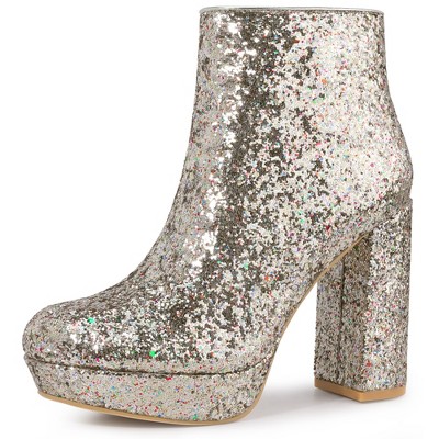 Perphy Women's Platform Glitter Round Toe Zip-Up Block Heels Ankle Boots