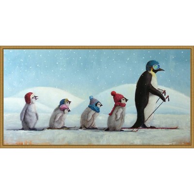 26" x 14" Ski School Penguins by Lucia Heffernan Framed Canvas Wall Art - Amanti Art: Holiday Decor, Animal Motif