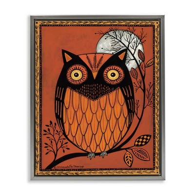 Stupell Industries Round Owl Autumn Botanical Border Black Framed Floater Canvas Wall Art