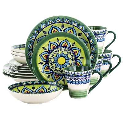 16pc Stoneware Kaleidoscope Dinnerware Set Green - Elama: Dishware Set, Microwave & Dishwasher-Safe, Service for 4